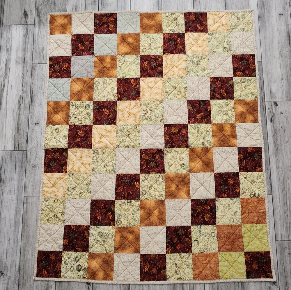 Handmade Patchwork Quilt Crib Lap Throw Fall Theme orange yellow brown cream